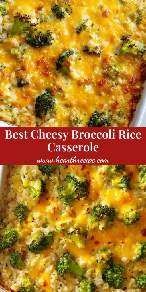 An overhead shot of a freshly baked broccoli cheese rice casserole in a white baking dish, showing the blistered golden-brown cheesy topping.