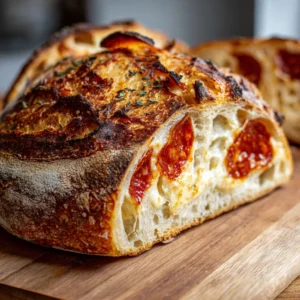 Close up of an artisan Pepperoni Pizza Sourdough Bread with a soft, airy crumb marbled with stringy mozzarella and charred, curled pepperoni slices.