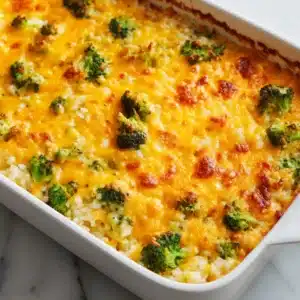 A close-up view of the broccoli cheese rice casserole, highlighting the gooey melted cheddar, crispy cheese edges, and bright green broccoli peeking through.