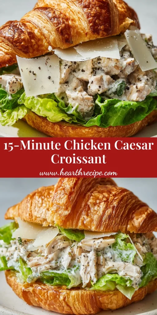 A close-up shot of a Chicken Caesar Croissant Sandwich on a white plate, emphasizing the flaky croissant and creamy chicken filling.
