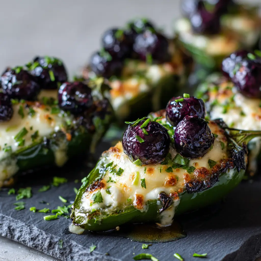 A slate tray lined with several Blueberry Brie Jalapeno Poppers, highlighting the charred peppers, creamy brie, and sweet blueberry topping under soft natural light.