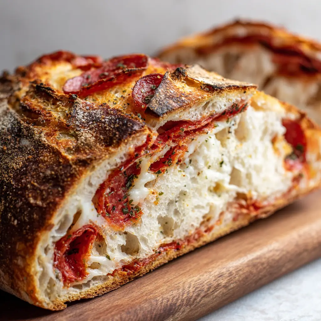 A full loaf of Pepperoni Pizza Sourdough Bread with a thick, golden-brown blistered crust, speckled with dried oregano and basil.