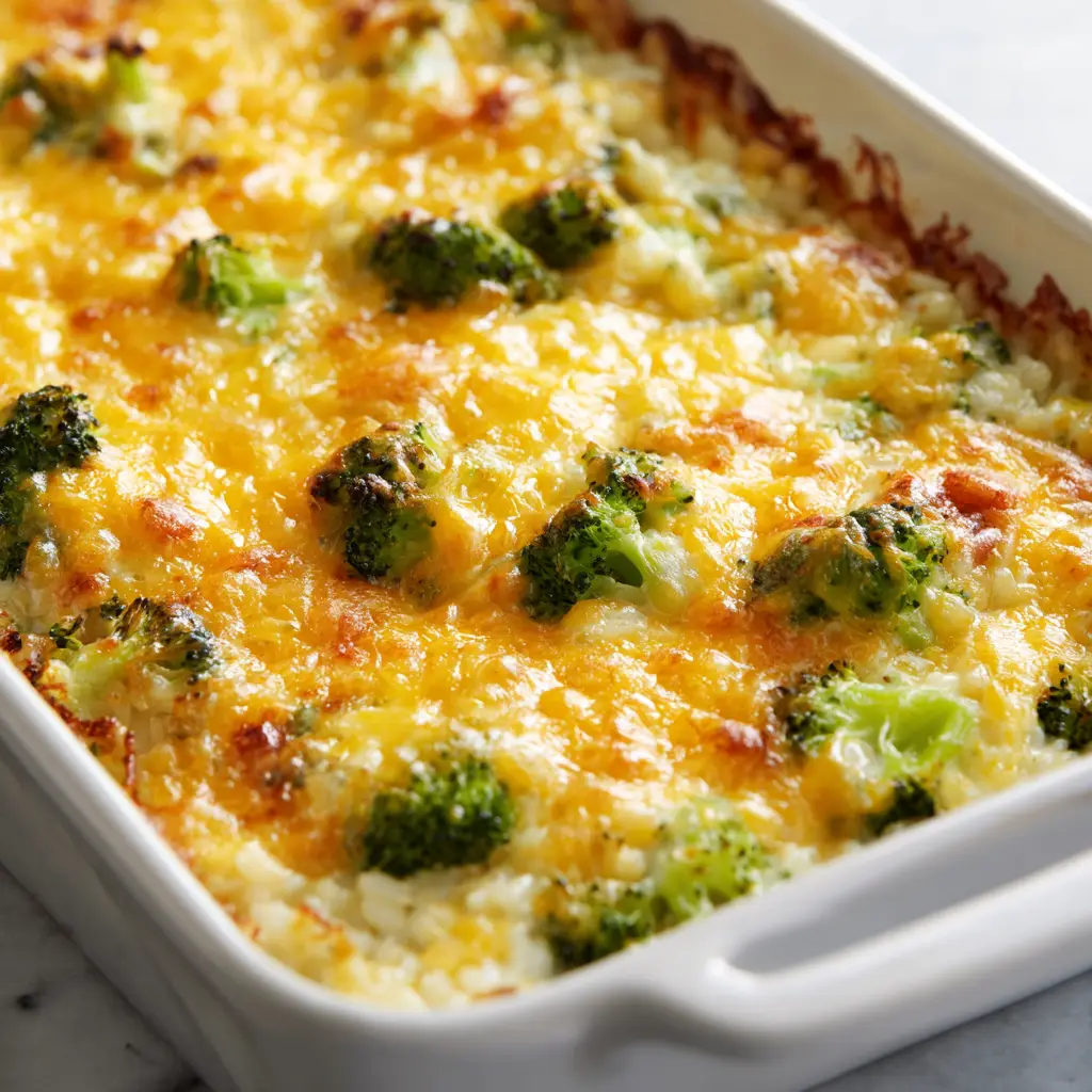 A scoop of broccoli cheese rice casserole being lifted from a white ceramic dish, showcasing the creamy texture inside.