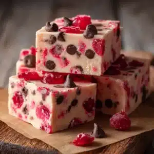 Close-up detail shot of a Cherry Garcia Fudge square, showing the smooth, creamy texture and the distribution of cherries and chocolate chips inside.