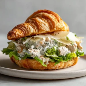 A freshly assembled Chicken Caesar Croissant Sandwich on a simple white ceramic plate, with the top croissant half resting diagonally to show the filling.