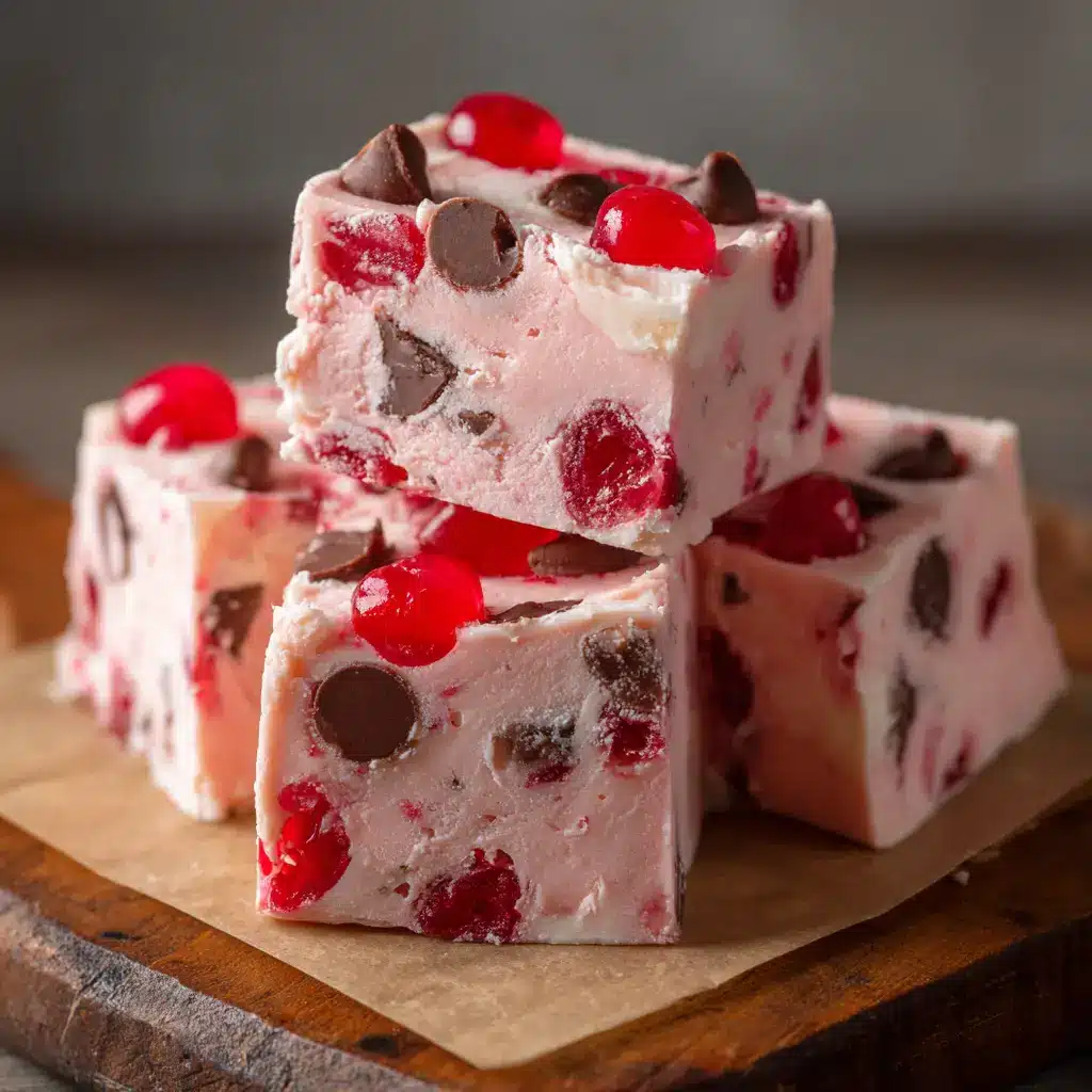 A neat stack of Cherry Garcia Fudge squares on a rustic wooden cutting board, ready to be served. Shot in soft, natural daylight.