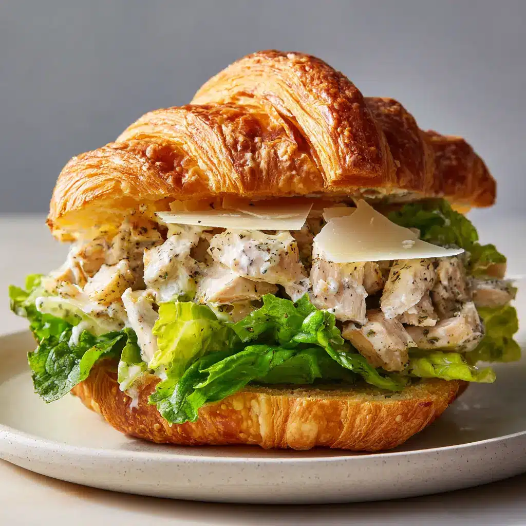 An overhead view of the Chicken Caesar Croissant Sandwich, showing the seared chicken coated in thick, creamy Caesar dressing and cracked pepper.