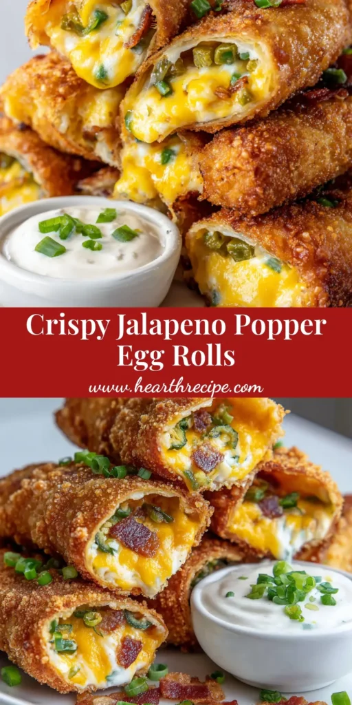 Crispy Jalapeno Popper Egg Rolls sliced in half to show the gooey, melted cheese filling, served with a creamy dipping sauce. (Jalapeno Popper Egg Rolls)