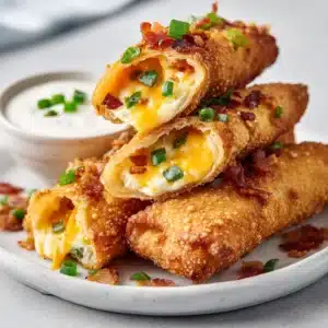 A stack of golden brown deep-fried egg rolls, cut diagonally to reveal a thick center of melted cream cheese, cheddar, and jalapenos. (Jalapeno Popper Egg Rolls)