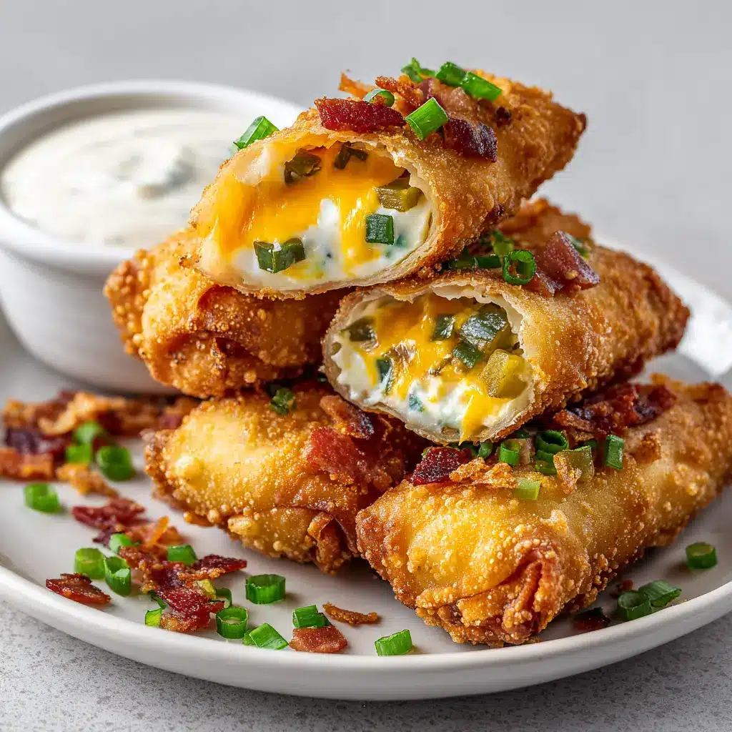 A close-up shot of Jalapeno Popper Egg Rolls on a white plate, garnished with bacon and green onions, with dipping sauce nearby.