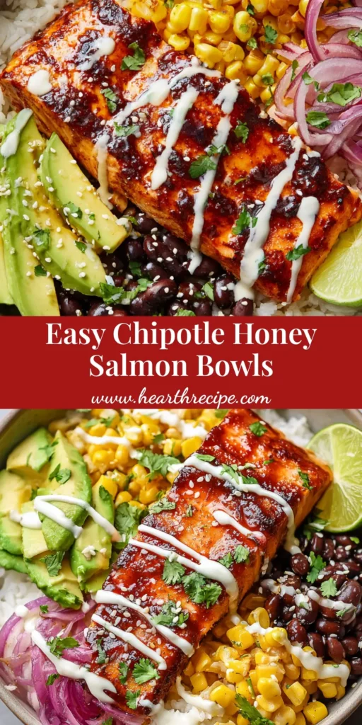A top-down view of two Chipotle Honey Salmon Bowls in matte ceramic bowls, featuring flaky salmon with a charred glaze, rice, avocado, and corn.