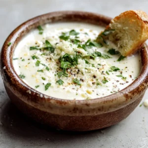 A close-up view of a bowl of thick, velvety white garlic pizza sauce, showing flecks of cooked garlic and fresh parsley. (White Garlic Pizza Sauce)
