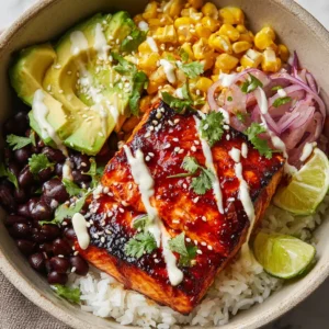 A close-up, top-down shot of a finished Chipotle Honey Salmon Bowl, highlighting the glossy, sticky reddish-orange glaze on the flaky salmon.