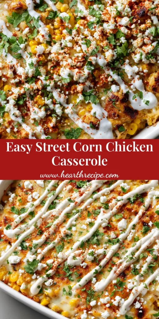 An overhead shot of a finished Street Corn Chicken Casserole in a white baking dish, garnished with cotija cheese, cilantro, and chili powder.