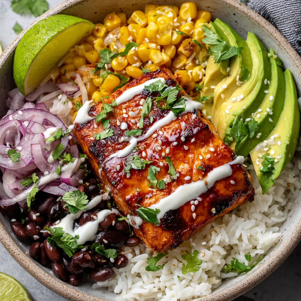 An overhead view of a hearty Chipotle Honey Salmon Bowl showcasing the neat piles of avocado, corn, black beans, and red onion around the salmon.