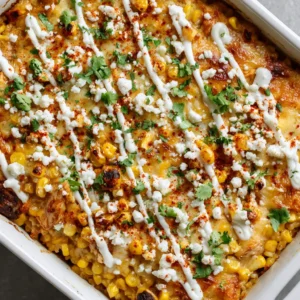 A detailed close-up of the golden-brown melted Monterey Jack cheese on the Street Corn Chicken Casserole, with charred corn and cilantro garnish.