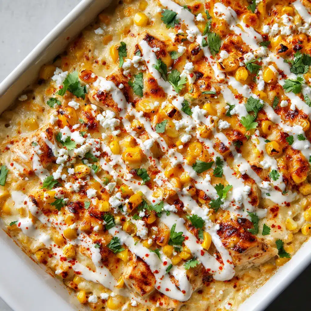 A serving of the creamy Street Corn Chicken Casserole on a plate, showing the interior with diced chicken and corn in a white sauce.