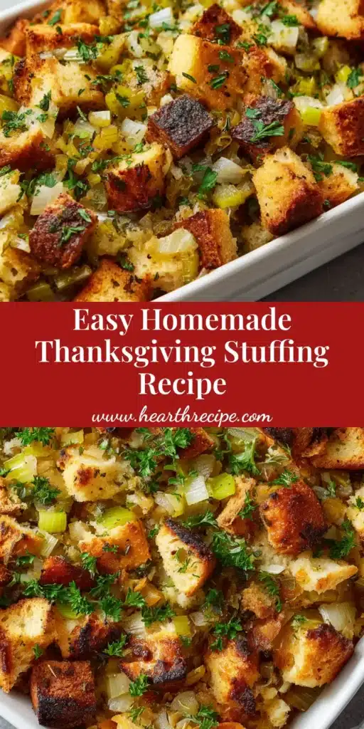 A rectangular white casserole dish filled with classic homemade stuffing. The top is golden-brown and crispy, garnished with fresh parsley. (Homemade Stuffing Recipe)