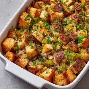 A close-up view of a scoop of homemade stuffing on a plate, showing the texture of the toasted artisan bread, celery, and onions. (Homemade Stuffing Recipe)