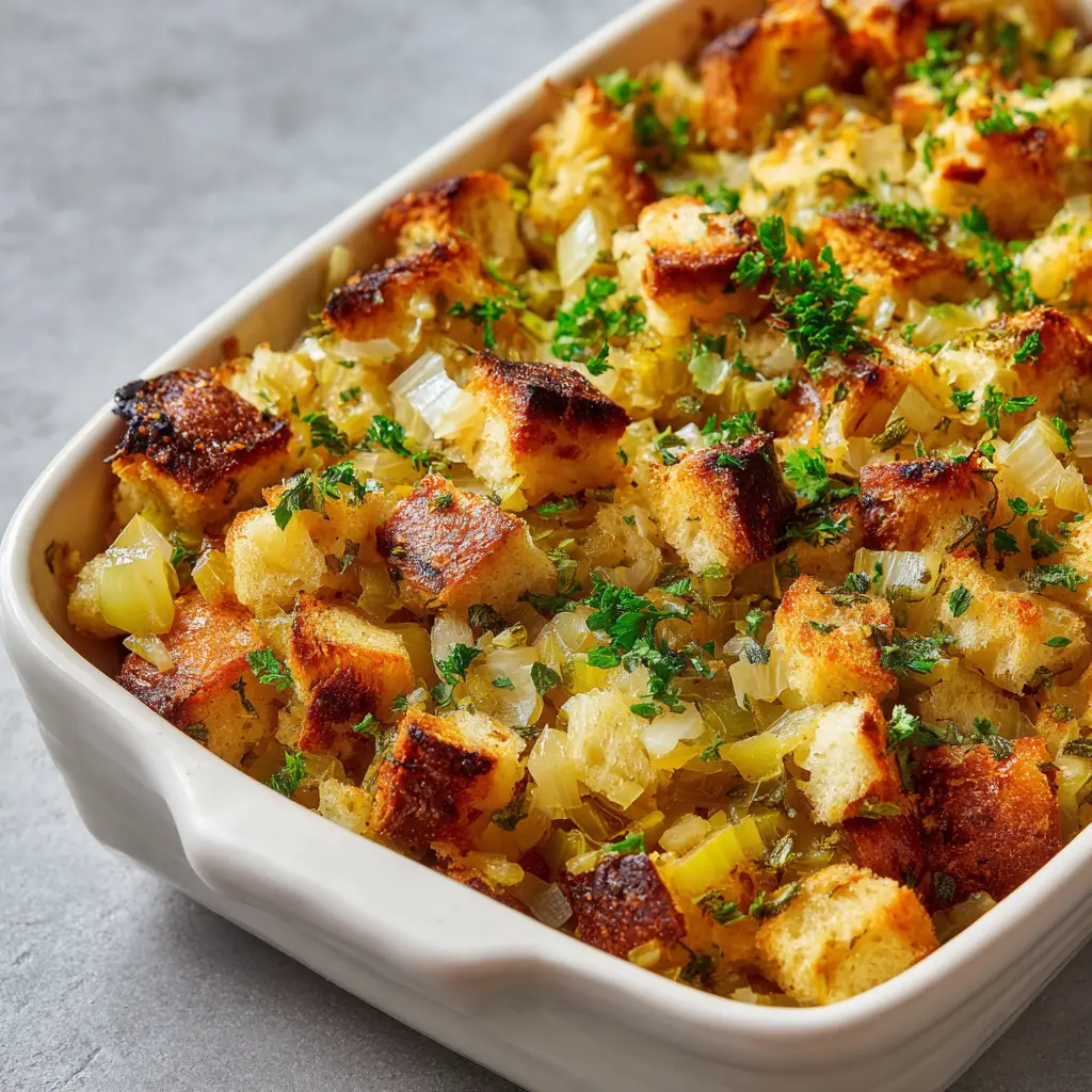 A full rectangular casserole dish of freshly baked homemade stuffing, with a serving spoon ready to be served.