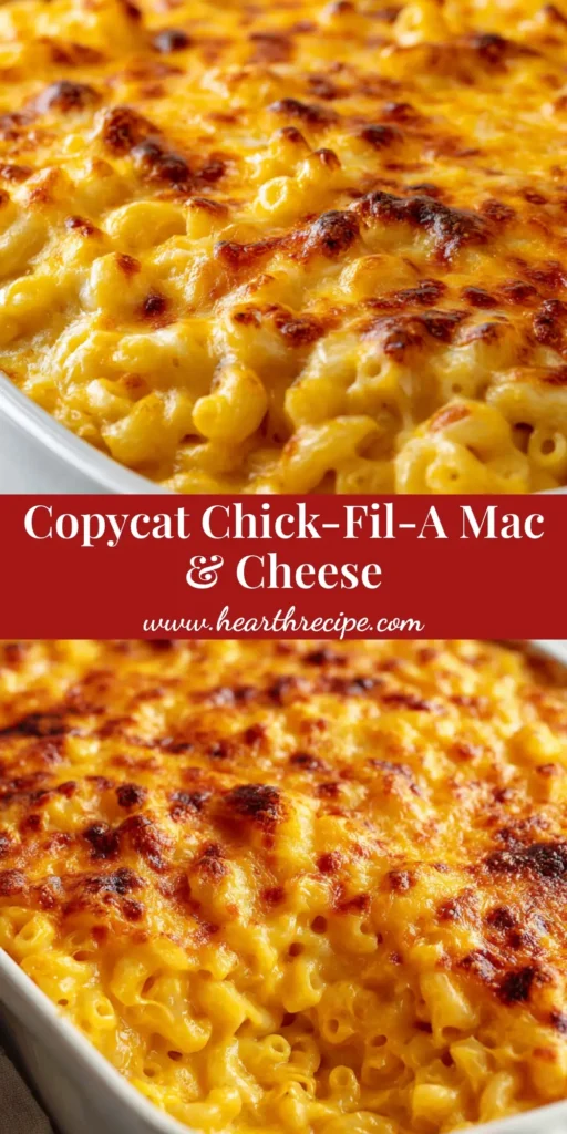 A close-up overhead shot of baked Chick-fil-A Mac and Cheese in a white dish. The top has a golden-brown bubbly cheese crust.