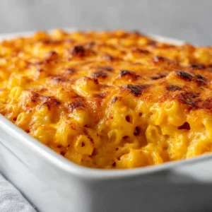 A close-up shot of the finished Chick-fil-A Mac and Cheese in a white ceramic baking pan, showing the bubbly, golden-brown baked cheddar crust.