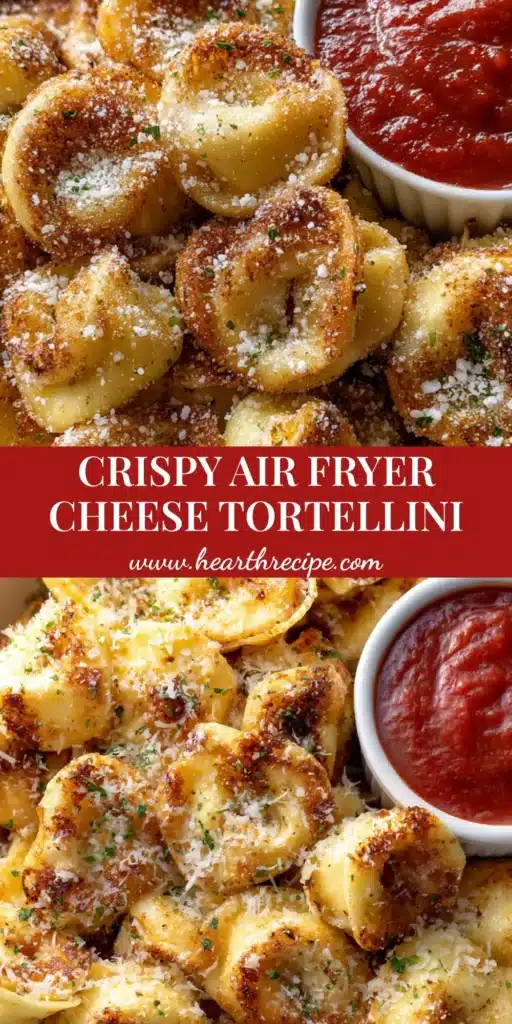 A close-up vertical shot of golden-brown Air Fryer Cheese Tortellini with toasted bubbles, dusted with parmesan and parsley, served with marinara sauce.