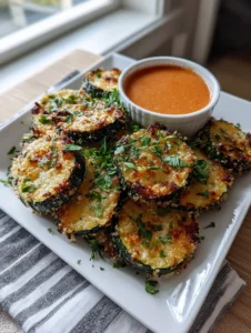Handheld photo of golden-brown zucchini rounds on a white plate with orange-red dipping sauce, mimicking Italian Meatballs texture.