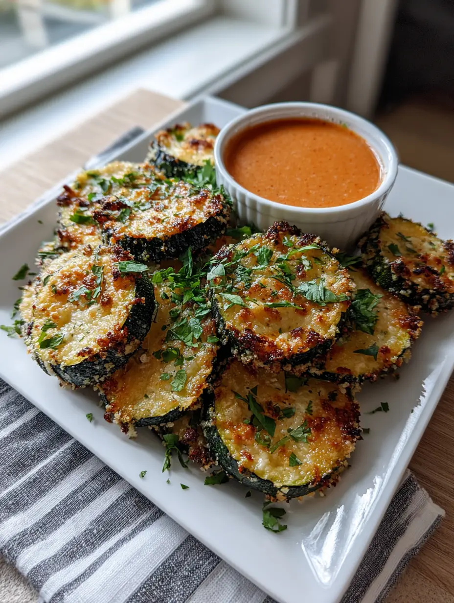 Handheld photo of golden-brown zucchini rounds on a white plate with orange-red dipping sauce, mimicking Italian Meatballs texture.