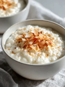 A white ceramic bowl filled with thick and velvety coconut rice pudding with visible vanilla bean specks. (Coconut Rice Pudding)