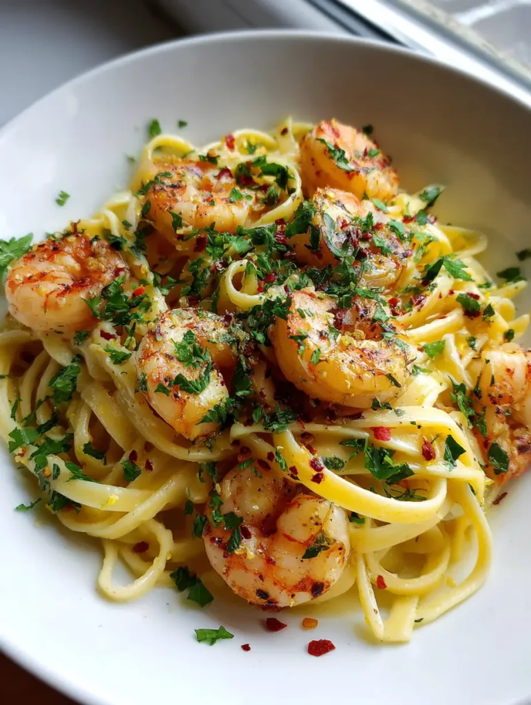 Overhead view of Lemon Garlic Shrimp Pasta showing the glossy butter sauce and charred shrimp edges.