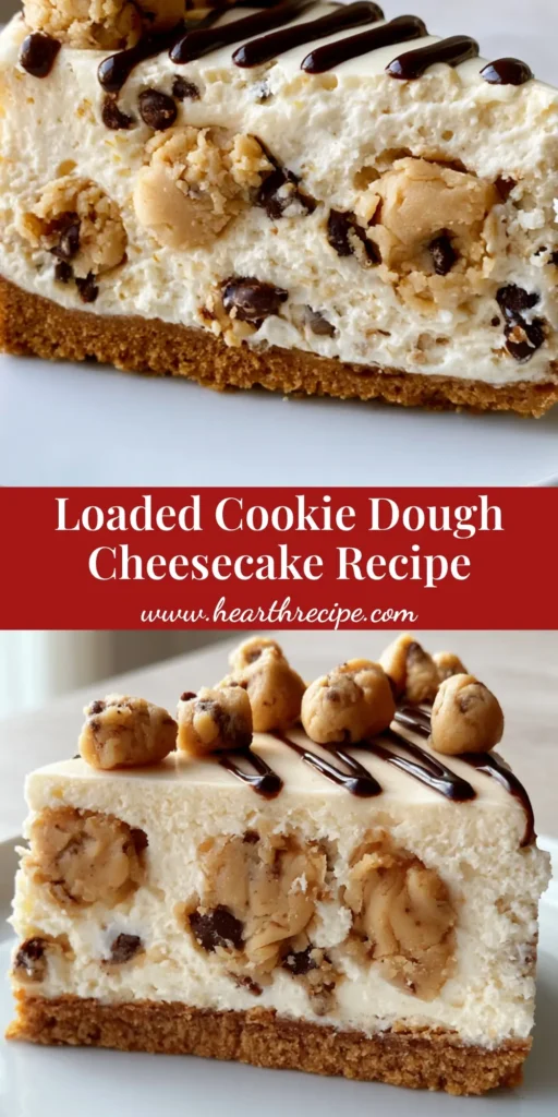 A close-up vertical shot of a Cookie Dough Cheesecake slice with visible dough chunks and a chocolate drizzle.