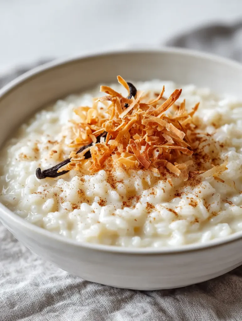 Overhead view of Coconut Rice Pudding topped with toasted golden-brown coconut chips and a dusting of cinnamon.