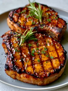 Close up of Grilled Pork Chop Marinade showing dried herb flecks and glossy texture on a seared pork chop surface.