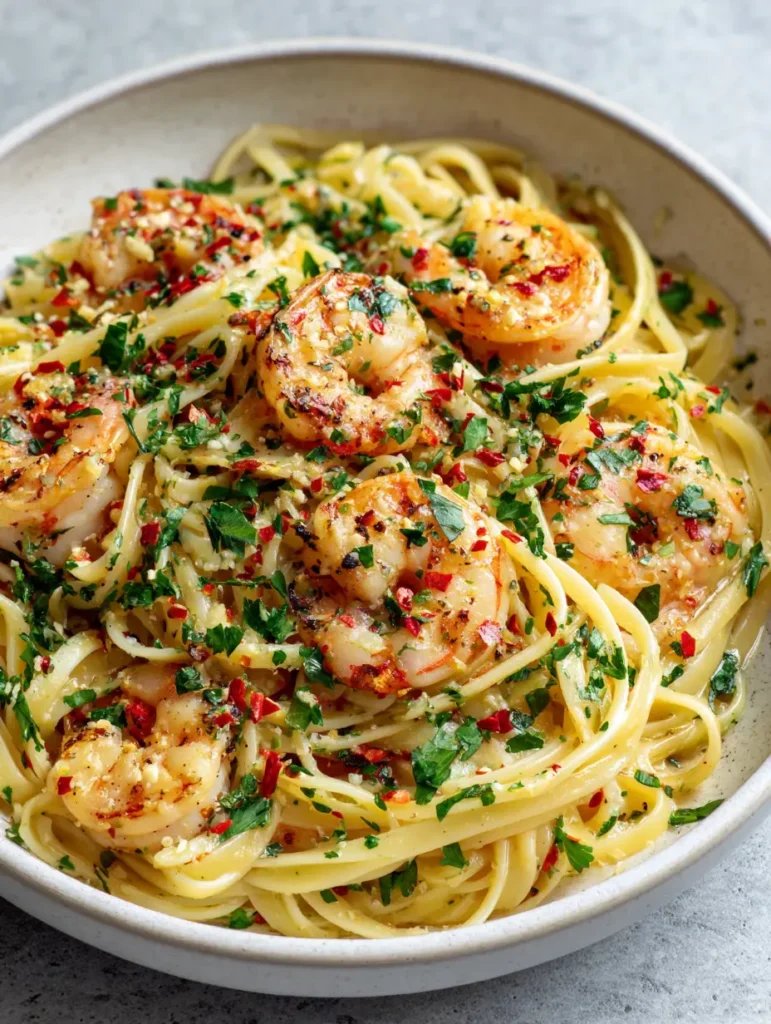 Lemon Garlic Shrimp Pasta: The Ultimate 20-Minute Restaurant Quality Dinner 1 Handheld photo of a white bowl filled with linguine, lemon-garlic shrimp, and red pepper flakes.