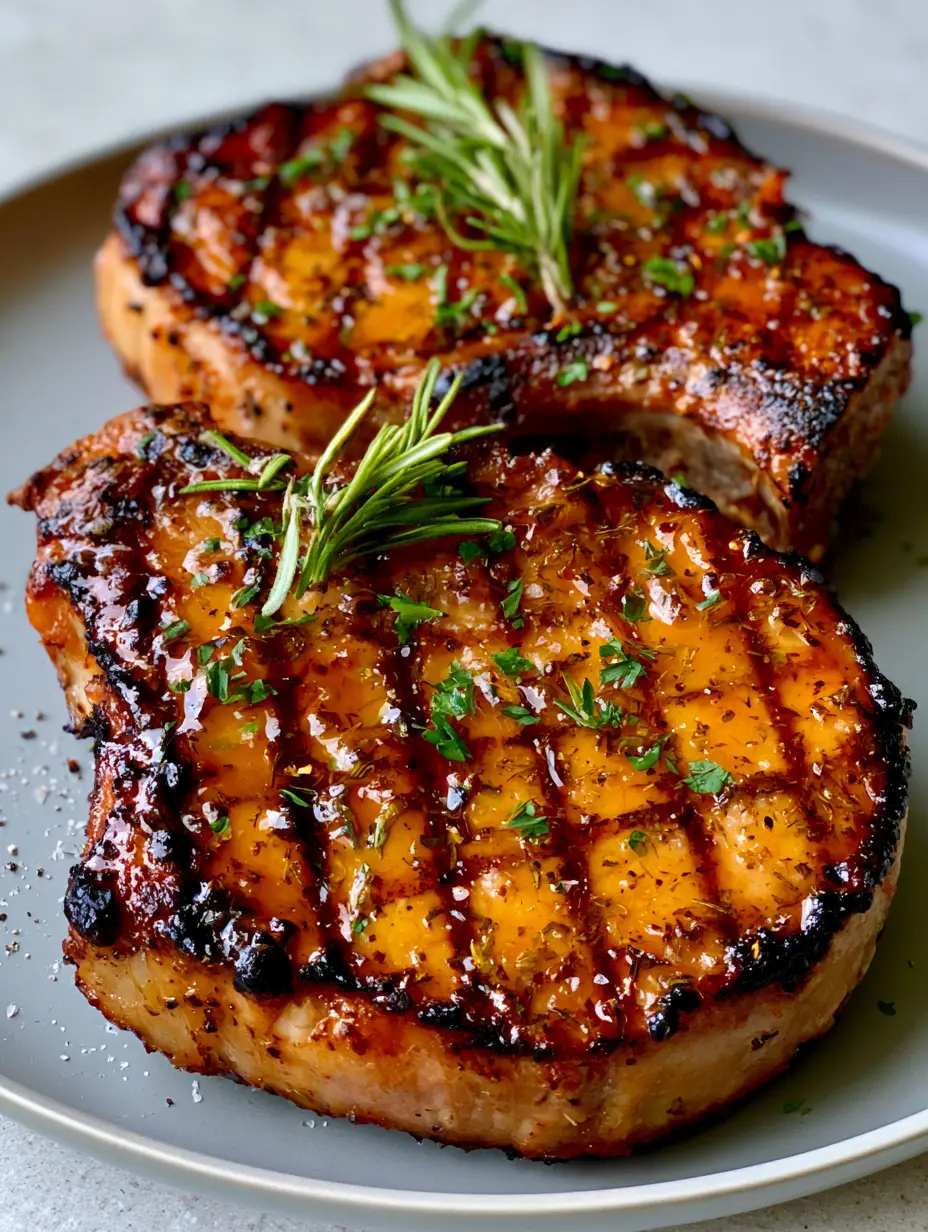 Close up of Grilled Pork Chop Marinade showing dried herb flecks and glossy texture on a seared pork chop surface.