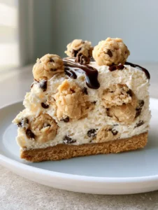 A slice of ivory cookie dough cheesecake on a white plate with natural lighting. (Cookie Dough Cheesecake)