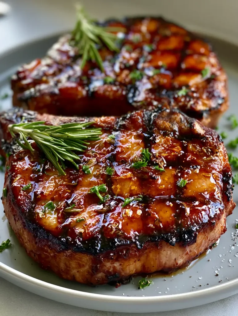 A professional look at the bone-in pork chops featuring rosemary sprigs and chopped parsley. (Grilled Pork Chop Marinade)