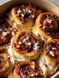 Top-down view of Cream Cheese Cinnamon Rolls showing the golden-brown leavened dough and oozing white filling. (Cream Cheese Cinnamon Rolls)