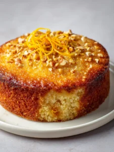 A close-up shot of the Orange Hazelnut Cake showing the golden-brown crust and moist interior crumb with orange zest flecks.