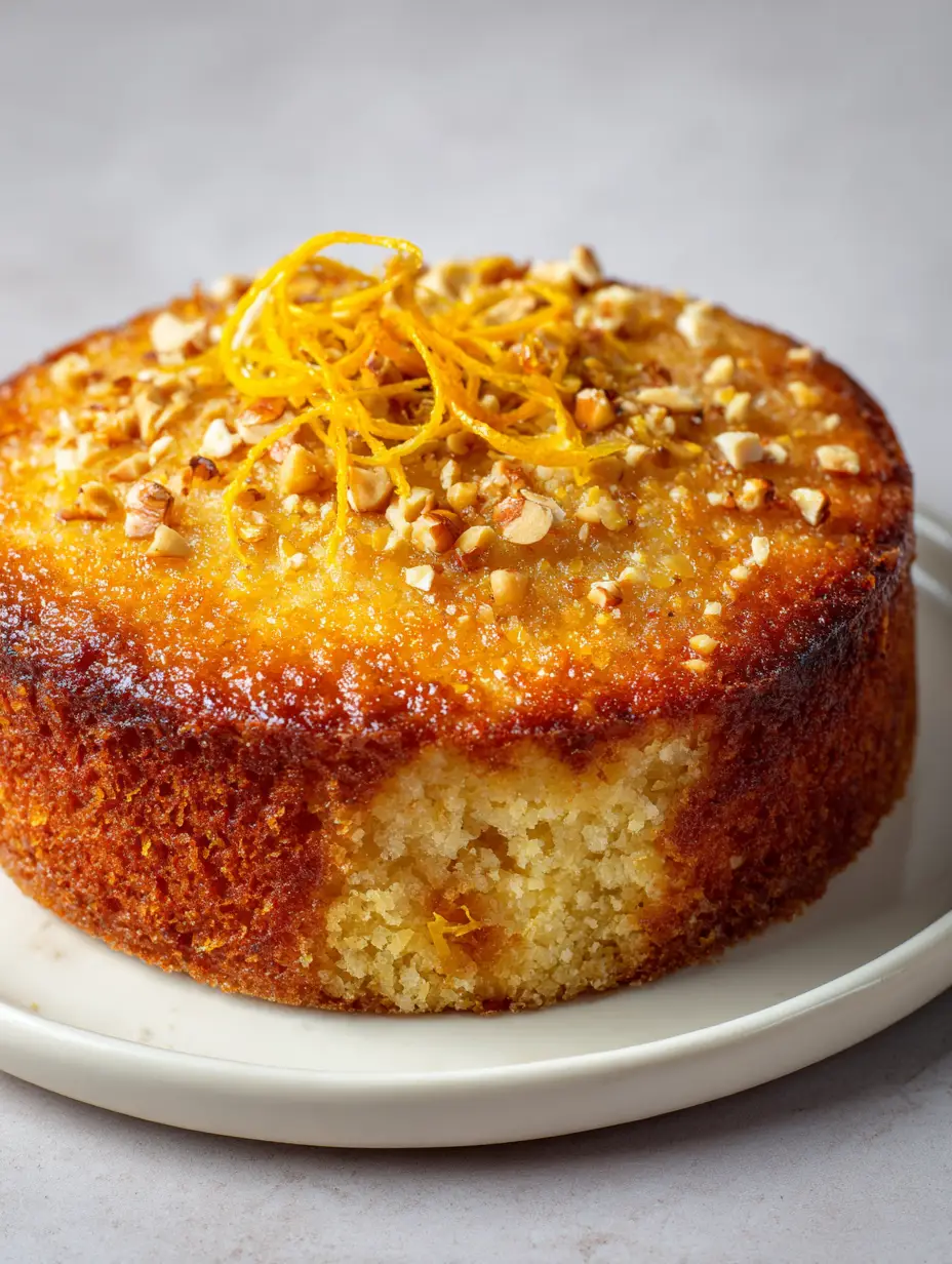 A close-up shot of the Orange Hazelnut Cake showing the golden-brown crust and moist interior crumb with orange zest flecks.