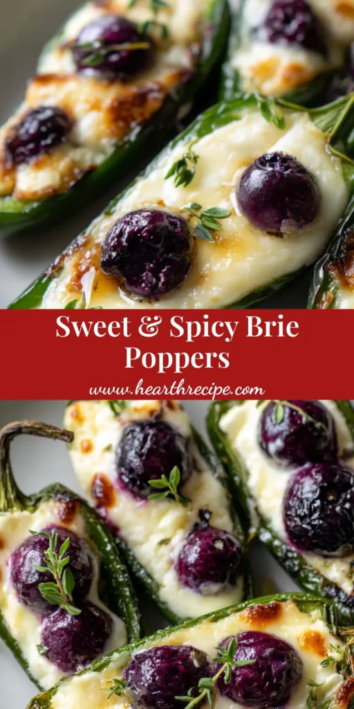 A vertical photo of roasted Blueberry Brie Jalapeño Poppers on a white plate, featuring charred green peppers, melted white cheese, and dark purple berries with a honey drizzle.