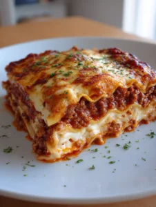 Close-up side view of a thick lasagna slice with rippled pasta edges and glistening oil droplets. (San Giorgio Lasagna Recipe)