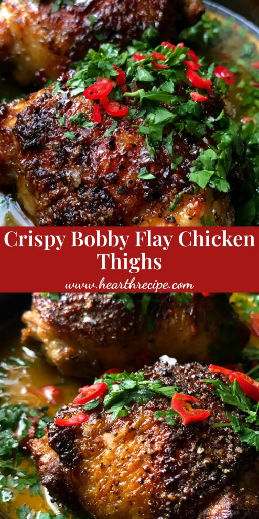 A rustic cast iron skillet containing two deeply browned Bobby Flay Chicken Thighs with blistered skin, Fresno chilies, and fresh parsley garnish.