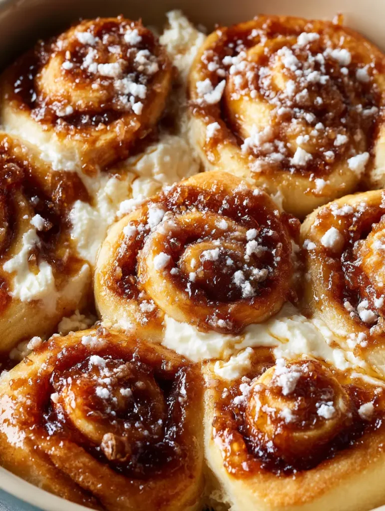 Cream Cheese Cinnamon Rolls with Crunchy Caramelized Sugar Glaze 1 Detailed shot of the crystalline, crunchy caramelized cinnamon sugar glaze on top of the rolls with a light dusting of powdered sugar.