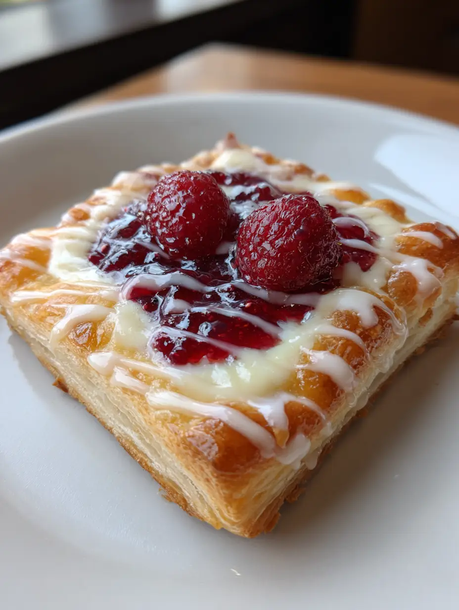 Close up shot of a rectangular Raspberry Cheesecake Danish featuring glossy raspberry preserves and softened whole raspberries.