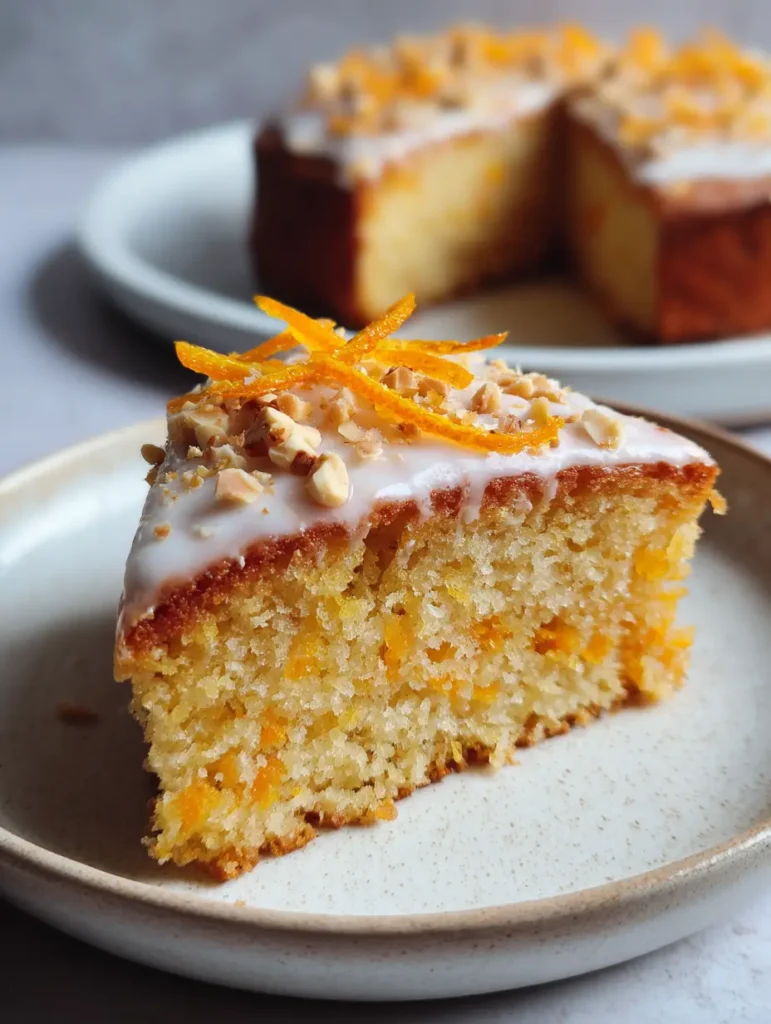 A top-down view of the Orange Hazelnut Cake garnished with translucent candied orange peel curls and crushed roasted hazelnuts.