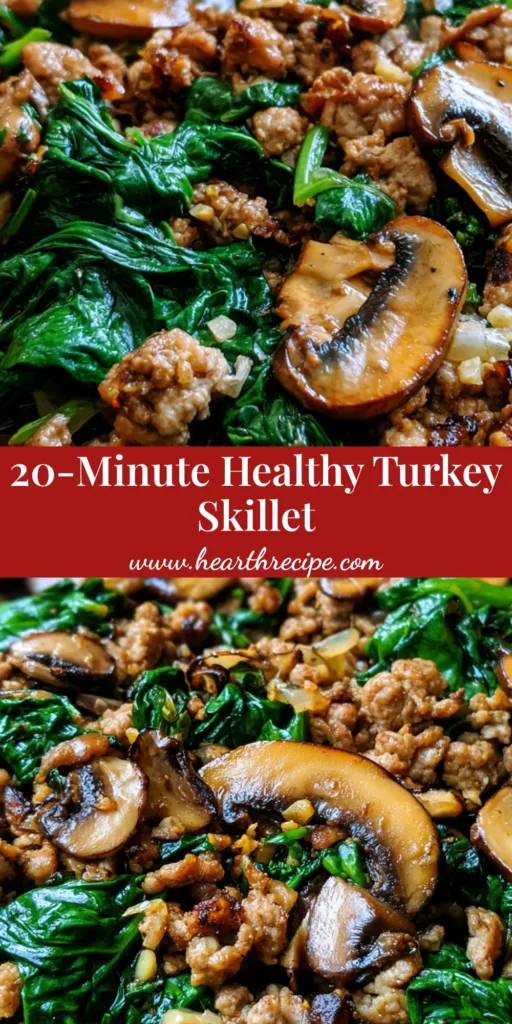 A black cast iron skillet filled with browned ground turkey, wilted spinach, and sautéed cremini mushrooms on a wooden countertop. (Turkey Spinach Mushroom Skillet)