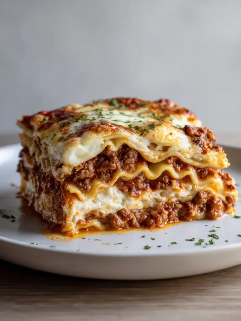 A handheld smartphone photo of a multi-layered lasagna slice on a wooden table. (San Giorgio Lasagna Recipe)