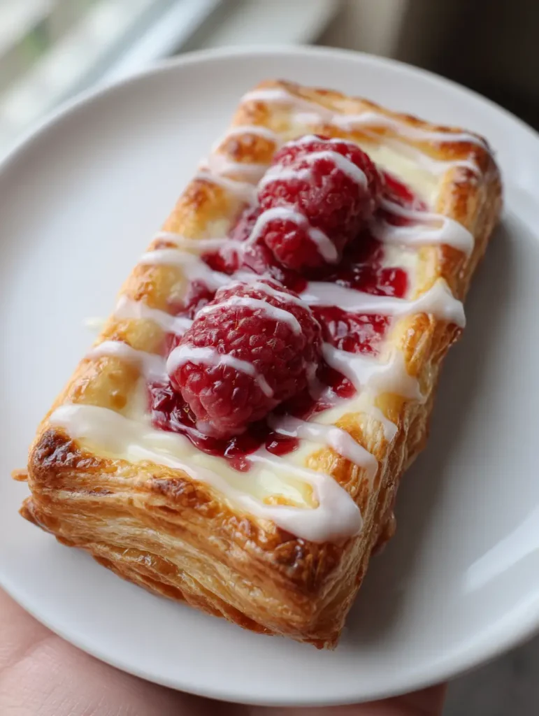 A Raspberry Cheesecake Danish showing multi-layered flaky puff pastry with crispy, airy edges.